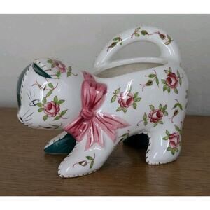 Vintage Lefton Ceramic Pottery Floral Patchwork Cat Planter Roses Japanese